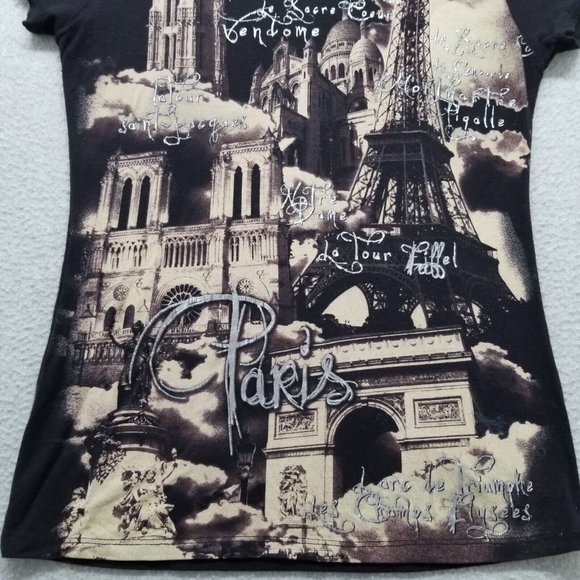 Hello Paris Shirt Womens 3 Black Crew Neck Short Sleeve - Picture 5 of 7